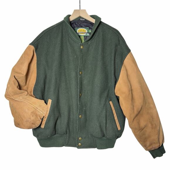 Cabela's Other - Vintage Cabela's Green Wool and Brown Leather Bomber Jacket Quilted Lining XL